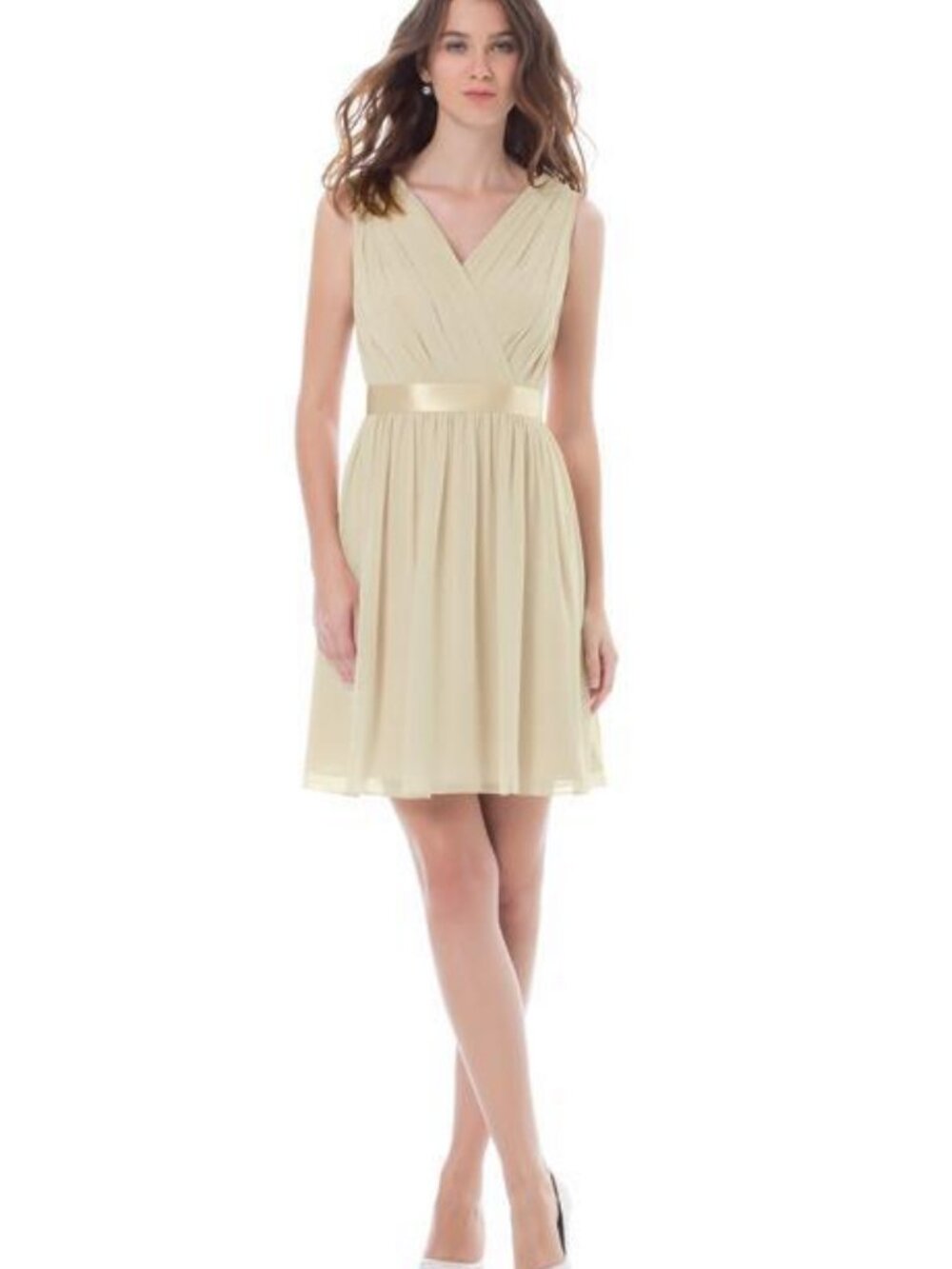 Bill Levkoff 395 Bridesmaid Dress Champagne Sleeveless V-Neck Chiffon Short 12